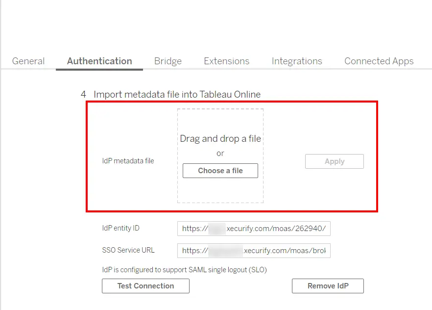 Tableau Online SSO: Import IDP metadata file